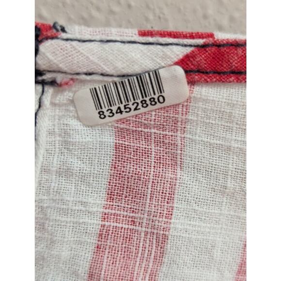 Beautiful red & white cotton striped embroidered peasant blouse - Picture 2 of 6